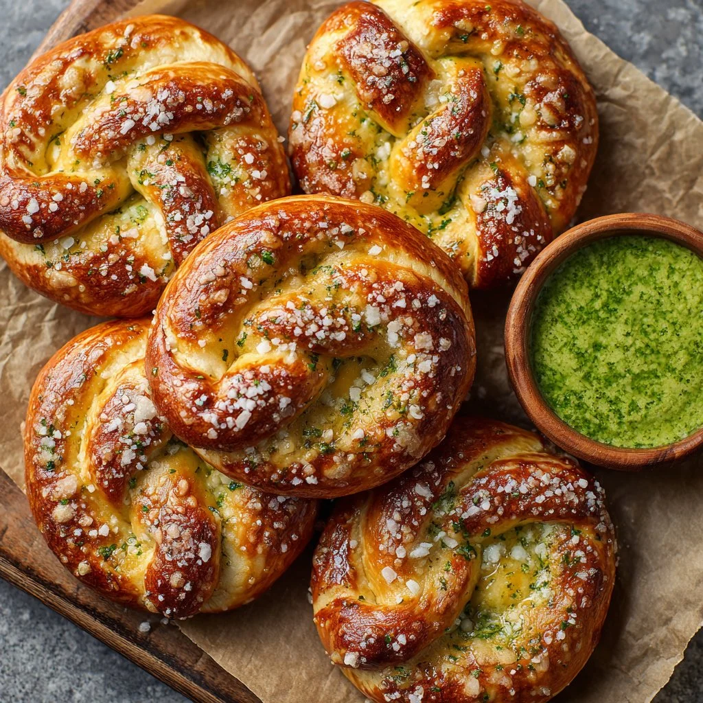 Homemade soft buttery pretzels served with salsa verde cheese dipping sauce