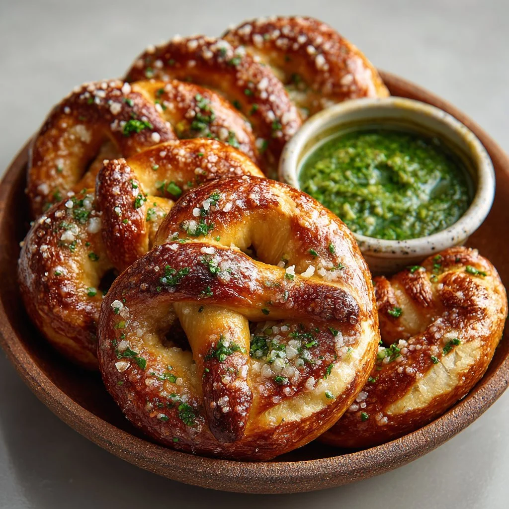 Homemade Soft Buttery Pretzels with Salsa Verde Cheese Dipping Sauce