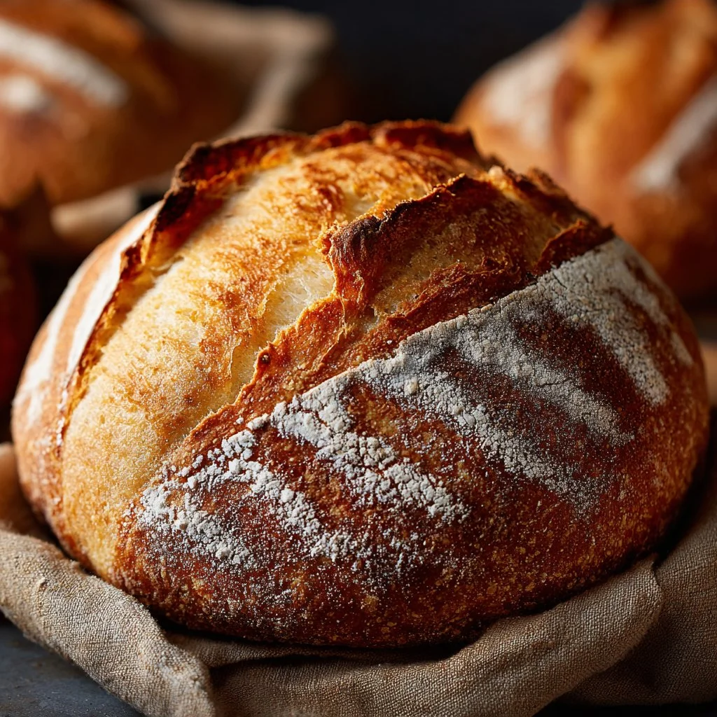 Freshly baked homemade sourdough bread on a wooden cutting board