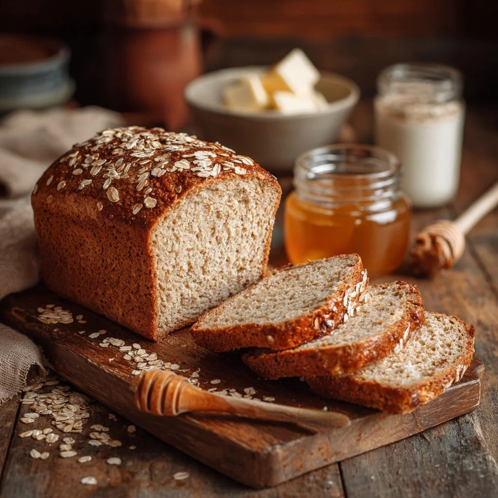 Homemade honey cinnamon oatmeal bread fresh from the oven.