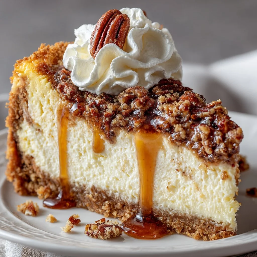 Slice of Bourbon Pecan Pie Cheesecake with whipped cream on top
