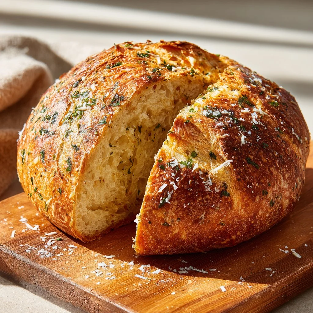 Freshly baked Italian Herb and Cheese Bread with herbs and cheese toppings