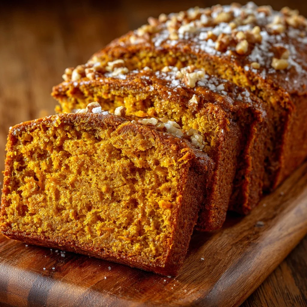 Loaf of low calorie sweet potato bread on a wooden cutting board