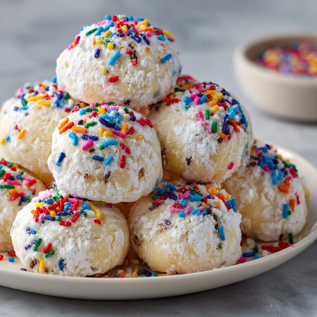 Colorful confetti snowball cookies on a plate, perfect for celebrations.