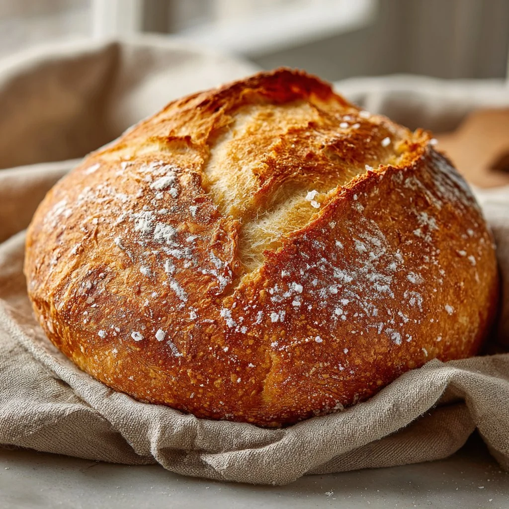 Loaf of no knead artisan bread with a crispy crust and soft interior