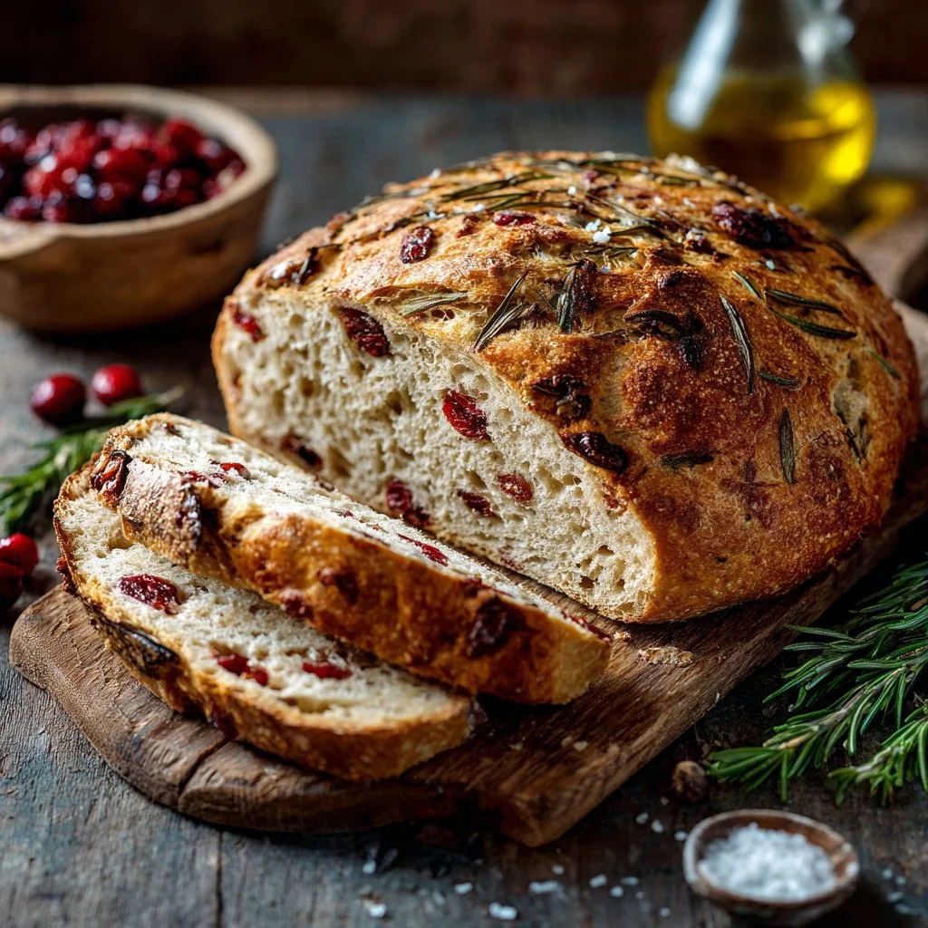 No-knead rosemary cranberry bread with olive oil and sea salt on a wooden board.