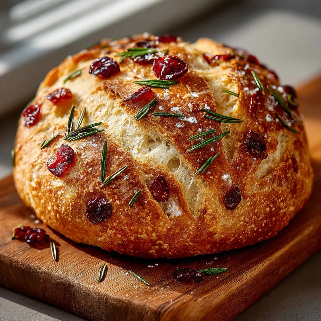 No-Knead Rosemary Cranberry Bread with Olive Oil & Sea Salt
