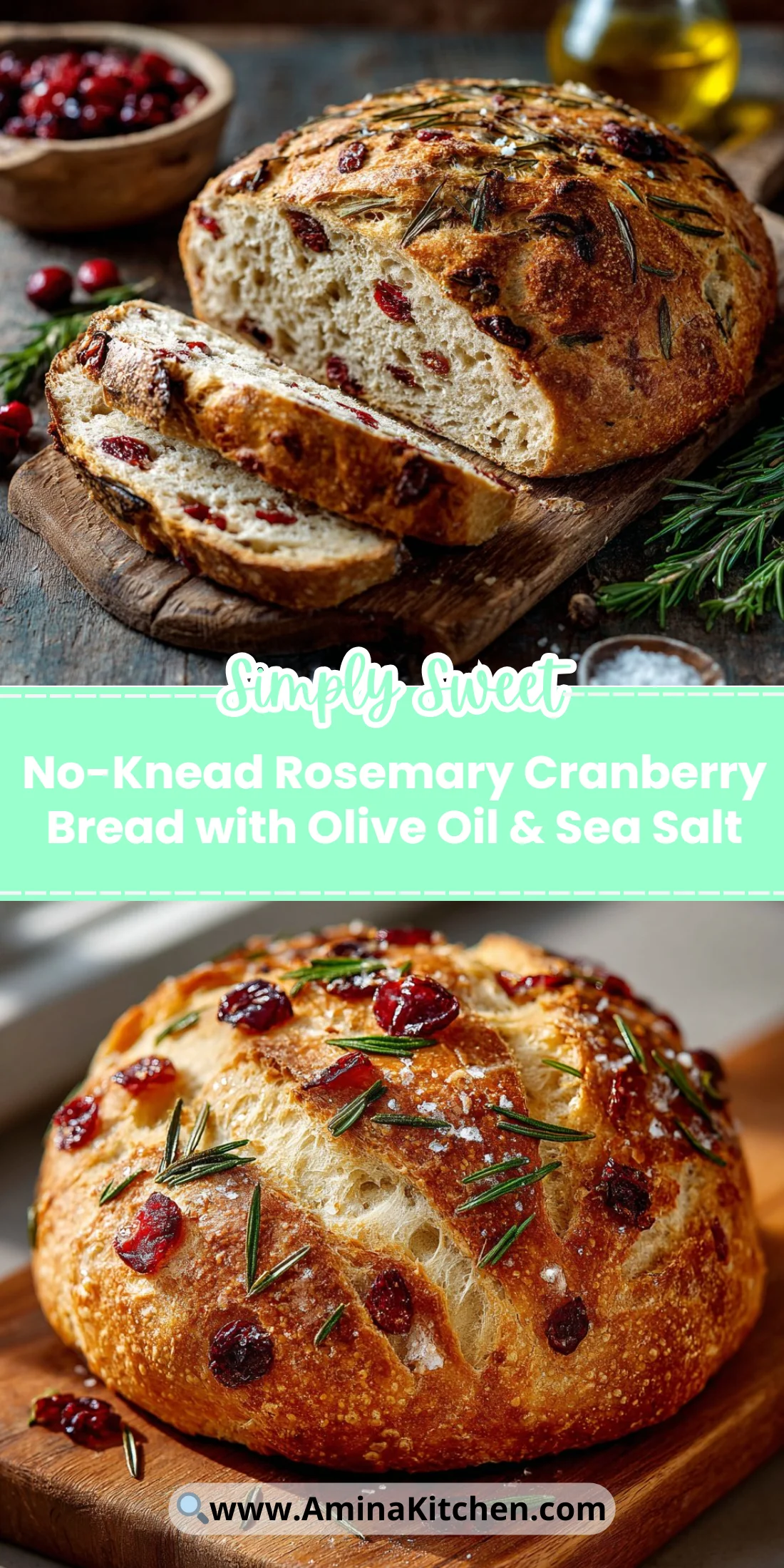 No-Knead Rosemary Cranberry Bread with Olive Oil & Sea Salt