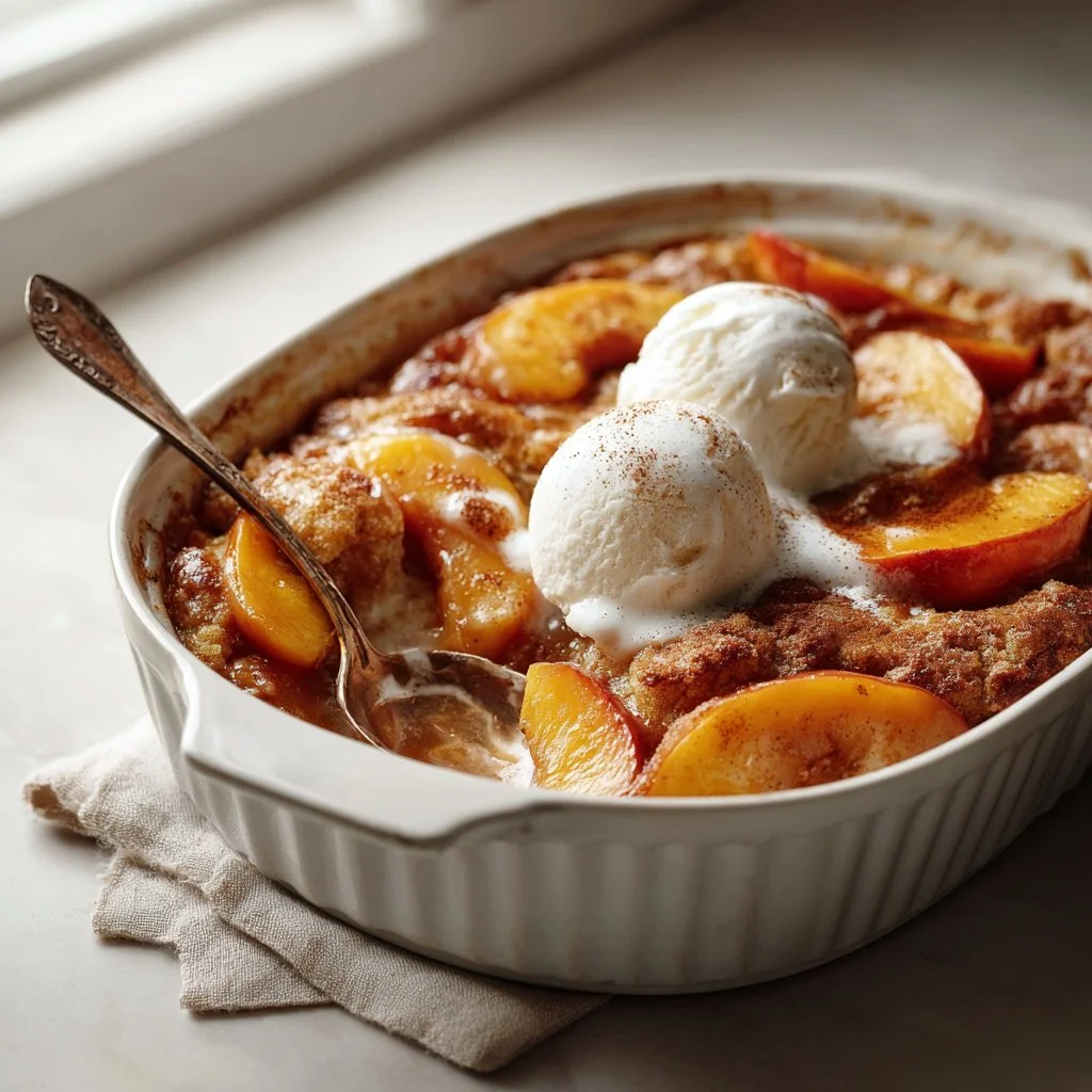 Delicious homemade Peach Cobbler dessert served in a baking dish