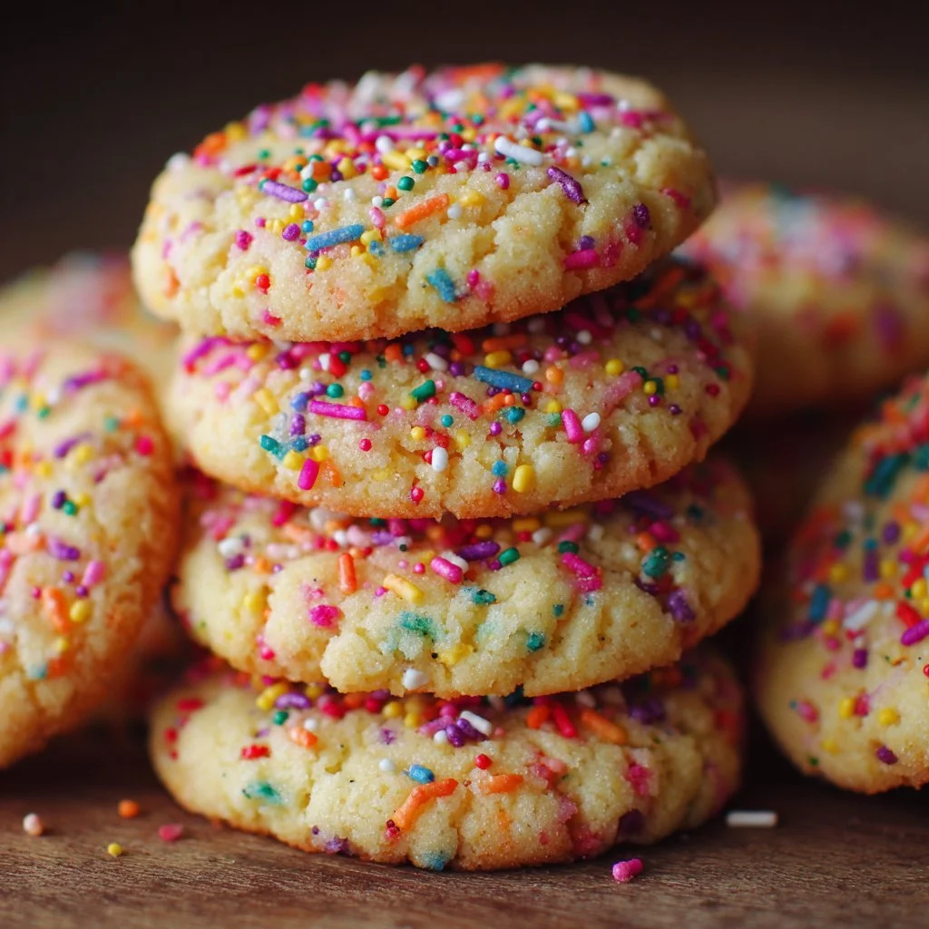 Rainbow Sprinkle Butter Cookies on a plate, sprinkled with colorful toppings