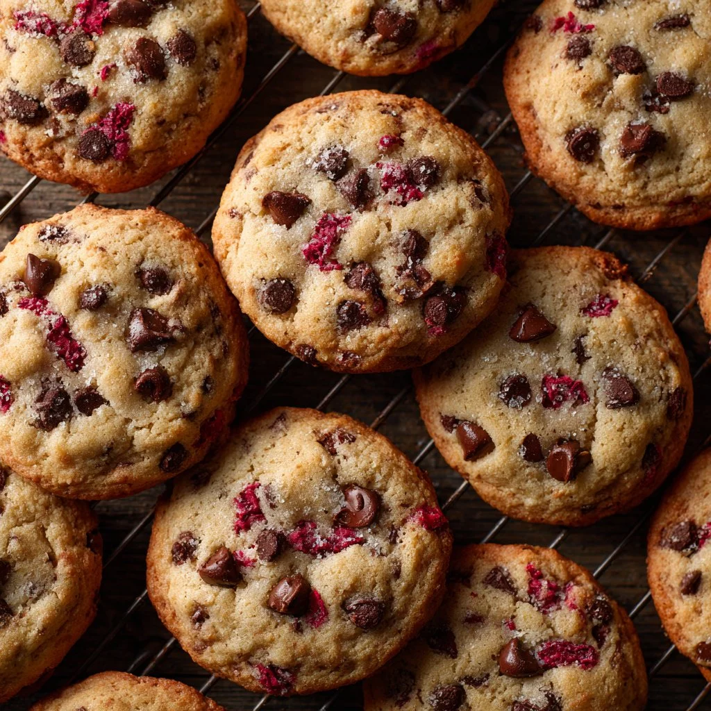 Freshly baked Raspberry Chocolate Chip Cookies on a cooling rack