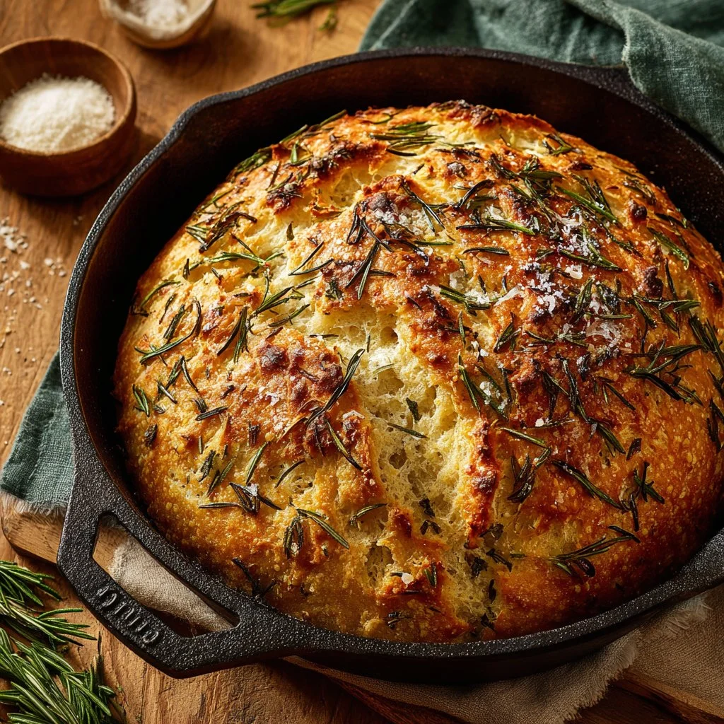 Freshly baked rustic no-knead rosemary garlic bread loaf