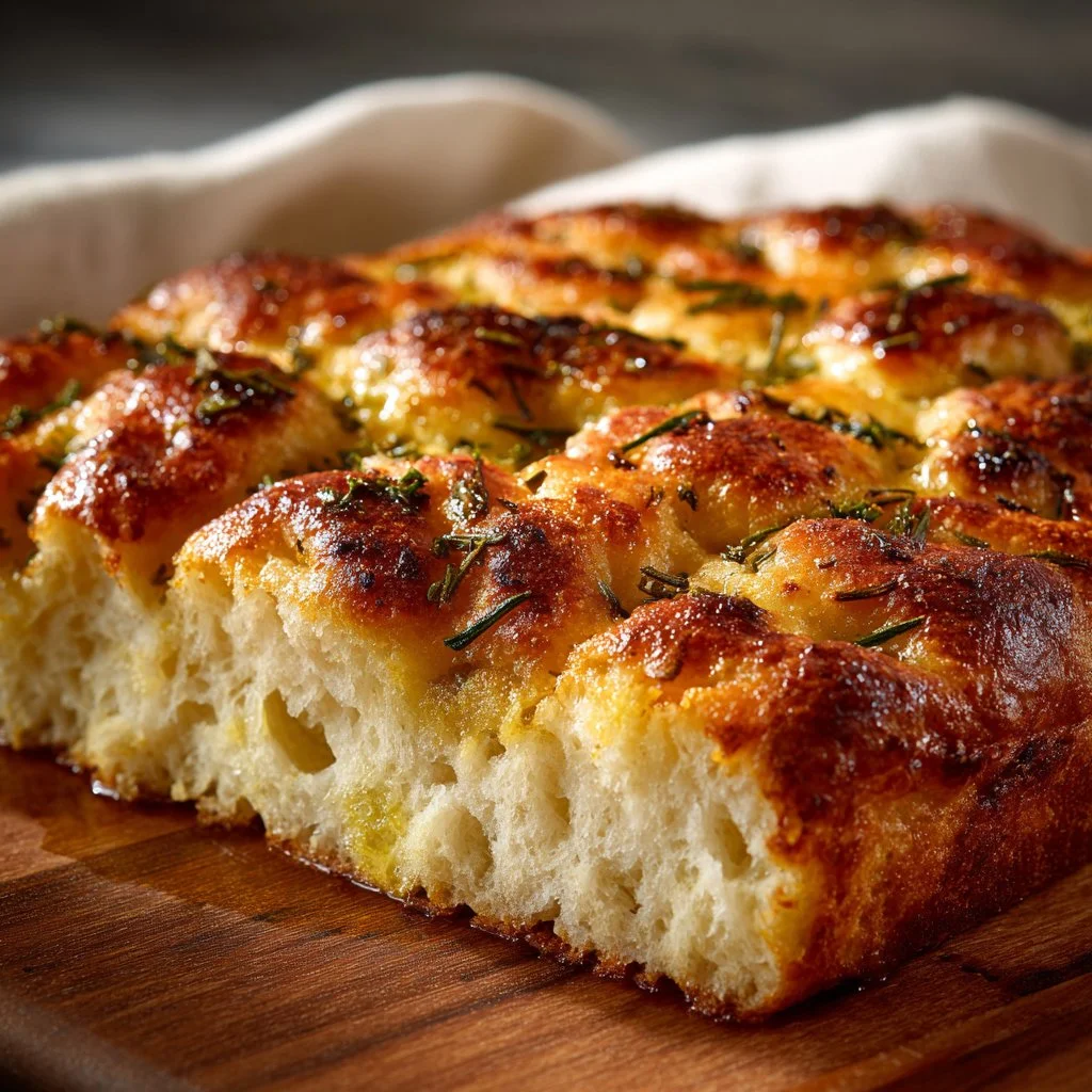 Freshly baked same day focaccia served with herbs and olive oil