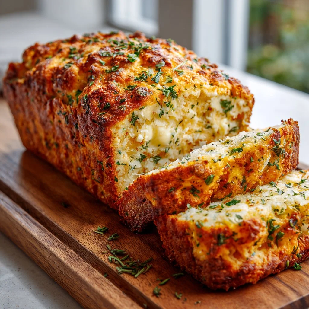 Deliciously baked savory herb and cheese bread on a wooden table