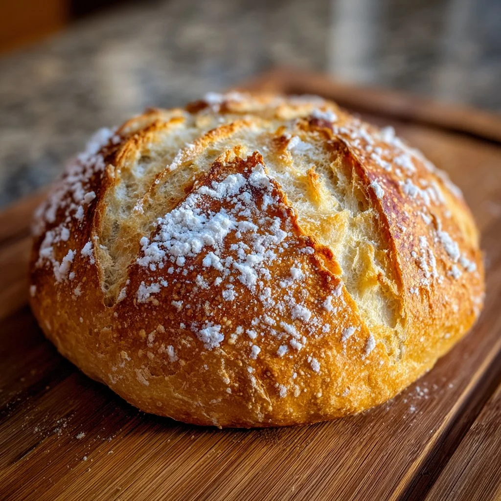 Loaf of simplest homemade bread on a wooden cutting board