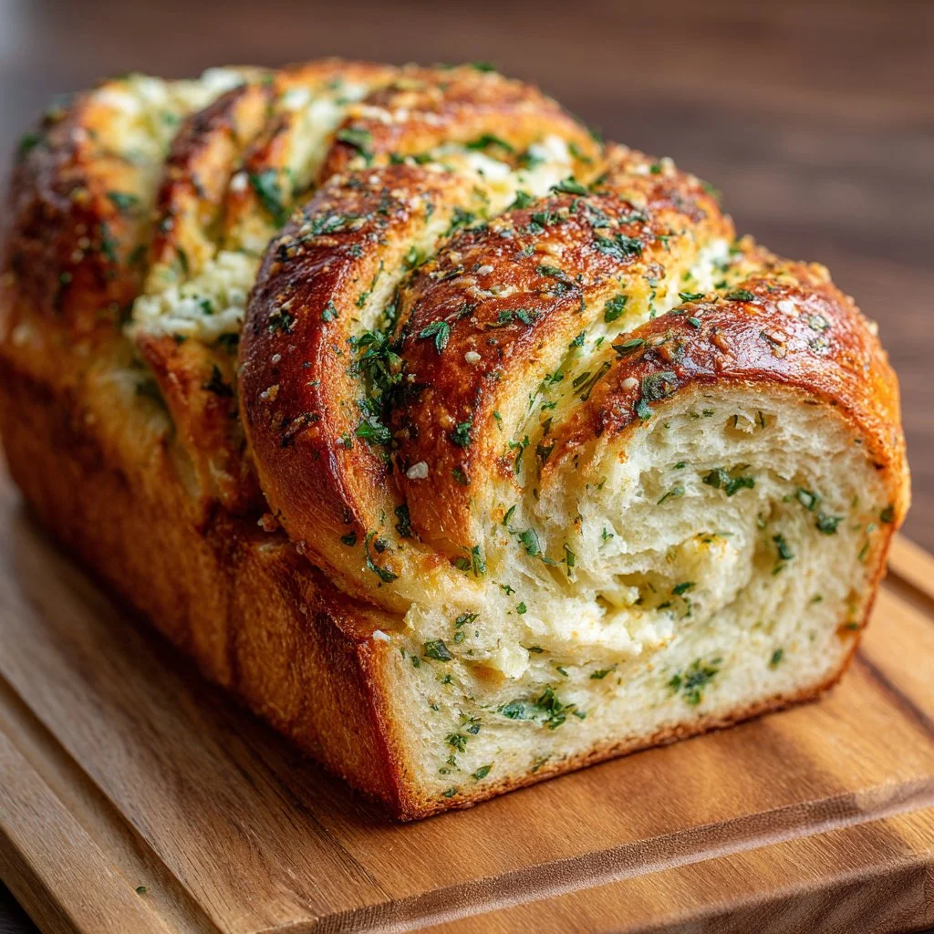 Swirled garlic herb and cheese bread fresh out of the oven