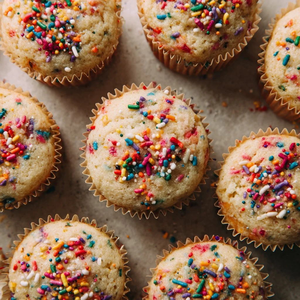 Freshly baked Vegan Gluten-Free Funfetti Muffins with colorful sprinkles