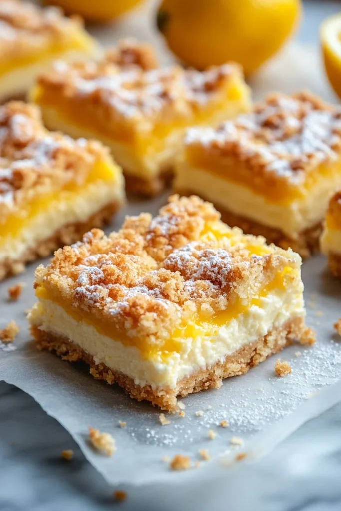 Delicious lemon cheesecake crumble bars with a buttery crumble topping.