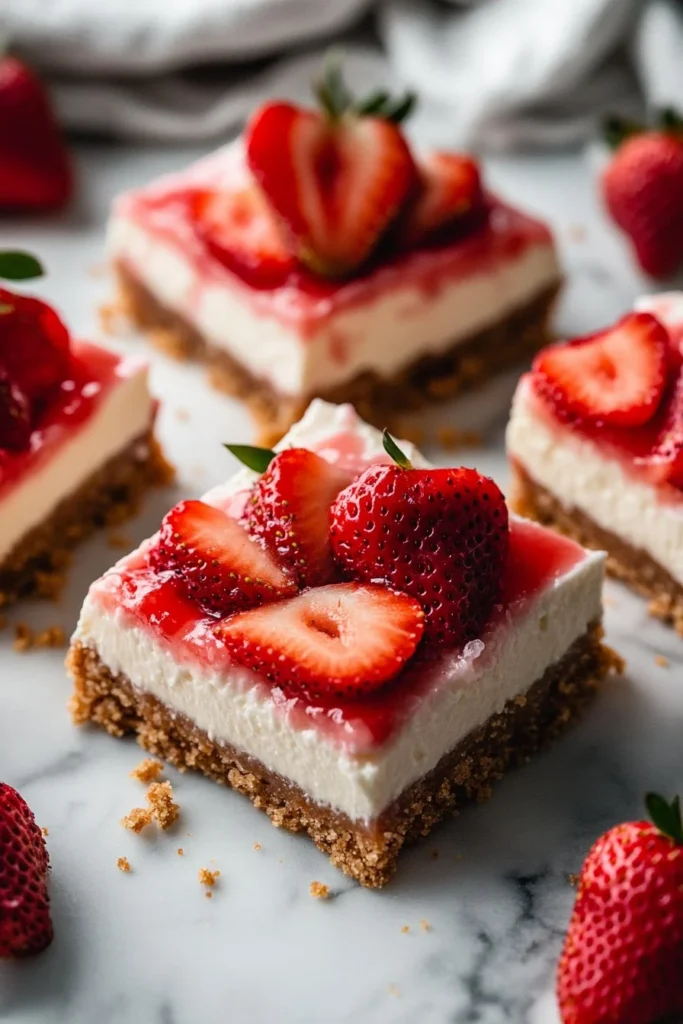 Delicious homemade strawberry cheesecake bars served on a plate.