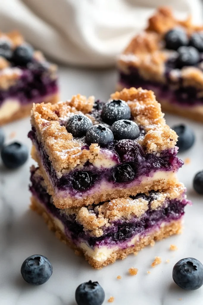 Delicious blueberry cheesecake crumb bars ready to be served.