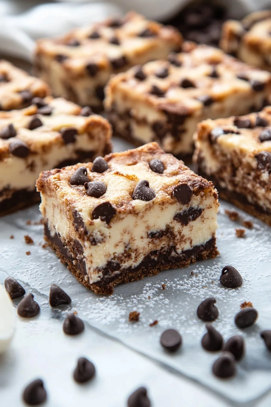 Delicious cheesecake chocolate chip cookie bars stacked on a plate.
