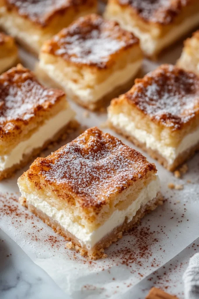 Delicious churro cheesecake bars with cinnamon sugar topping and creamy filling