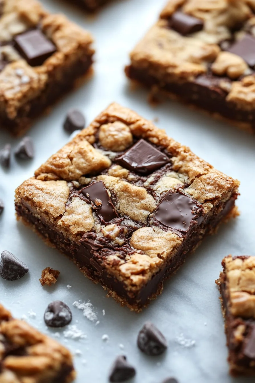 Delicious Moose Tracks Cookie Bars freshly baked and cut into squares.