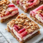 Delicious rhubarb cream cheese bars on a plate, ready to enjoy.