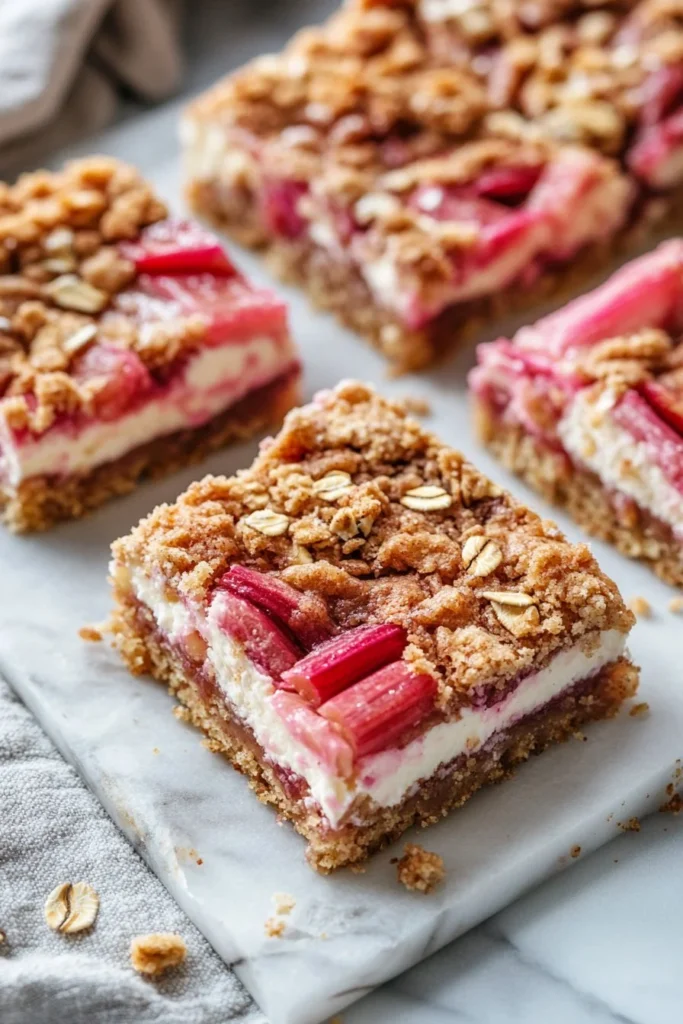 Delicious rhubarb cream cheese bars on a plate, ready to enjoy.
