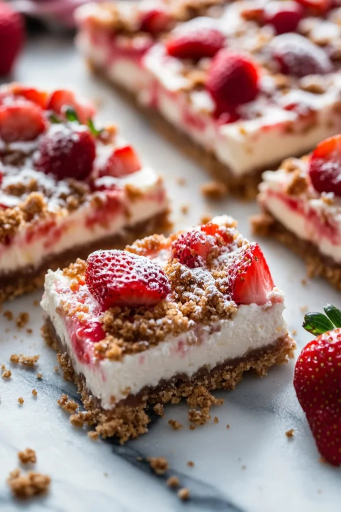 No-bake easy strawberry cheesecake bars on a serving plate
