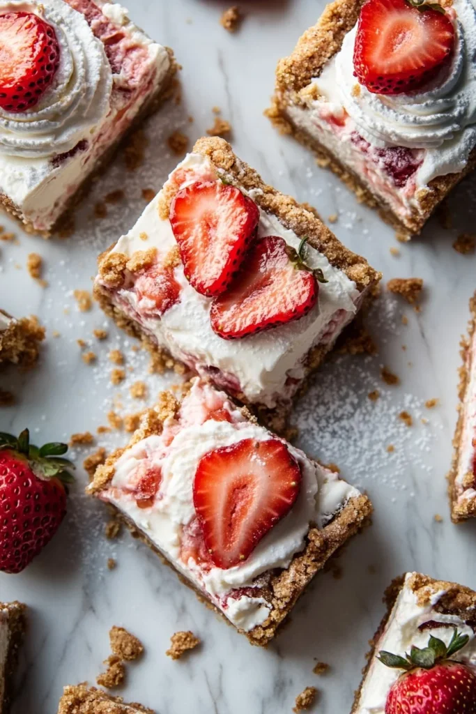 Delicious strawberry cheesecake bars with a graham cracker crust on a plate