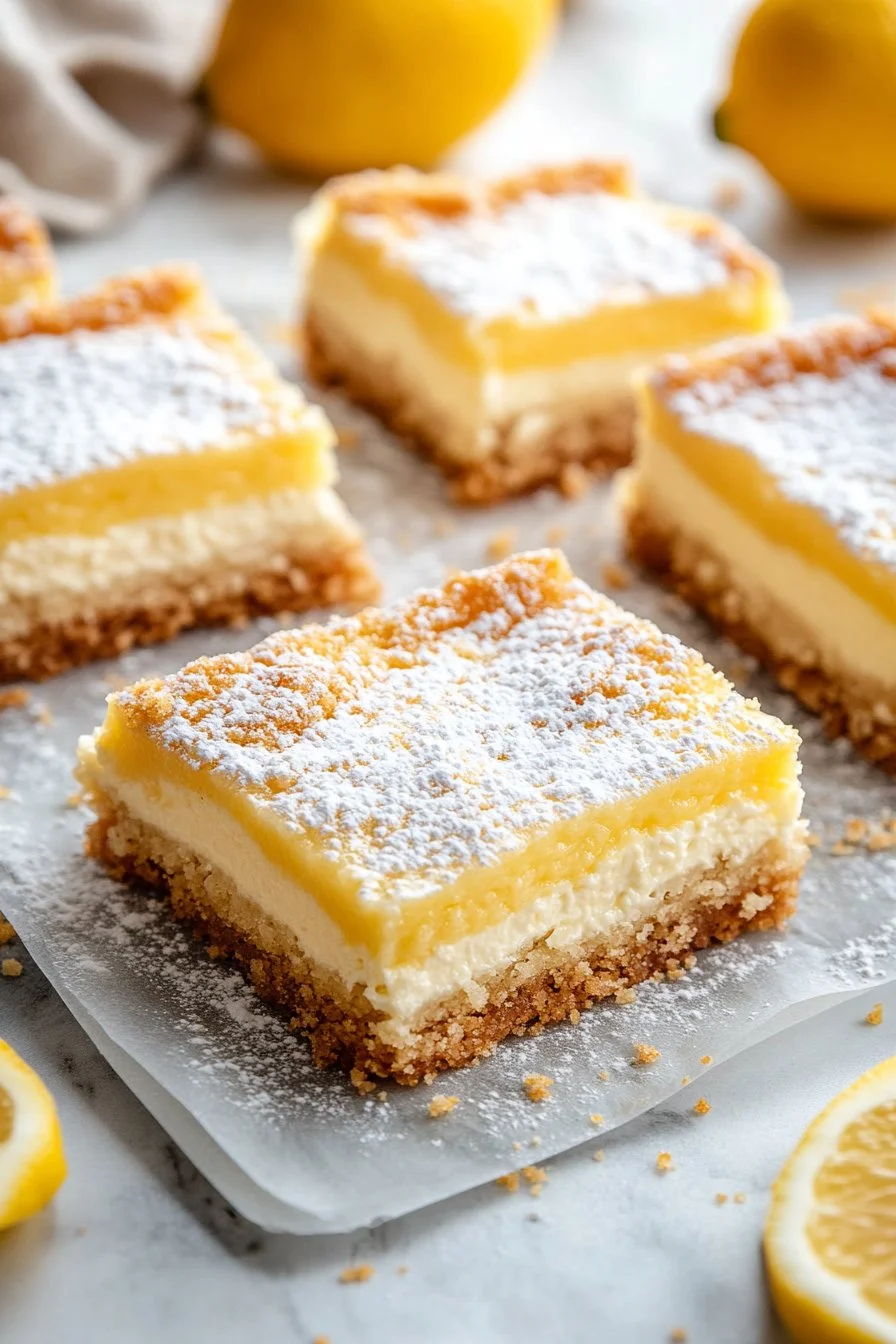 Delicious Lemon Cream Cheese Bars topped with lemon zest and cream cheese frosting