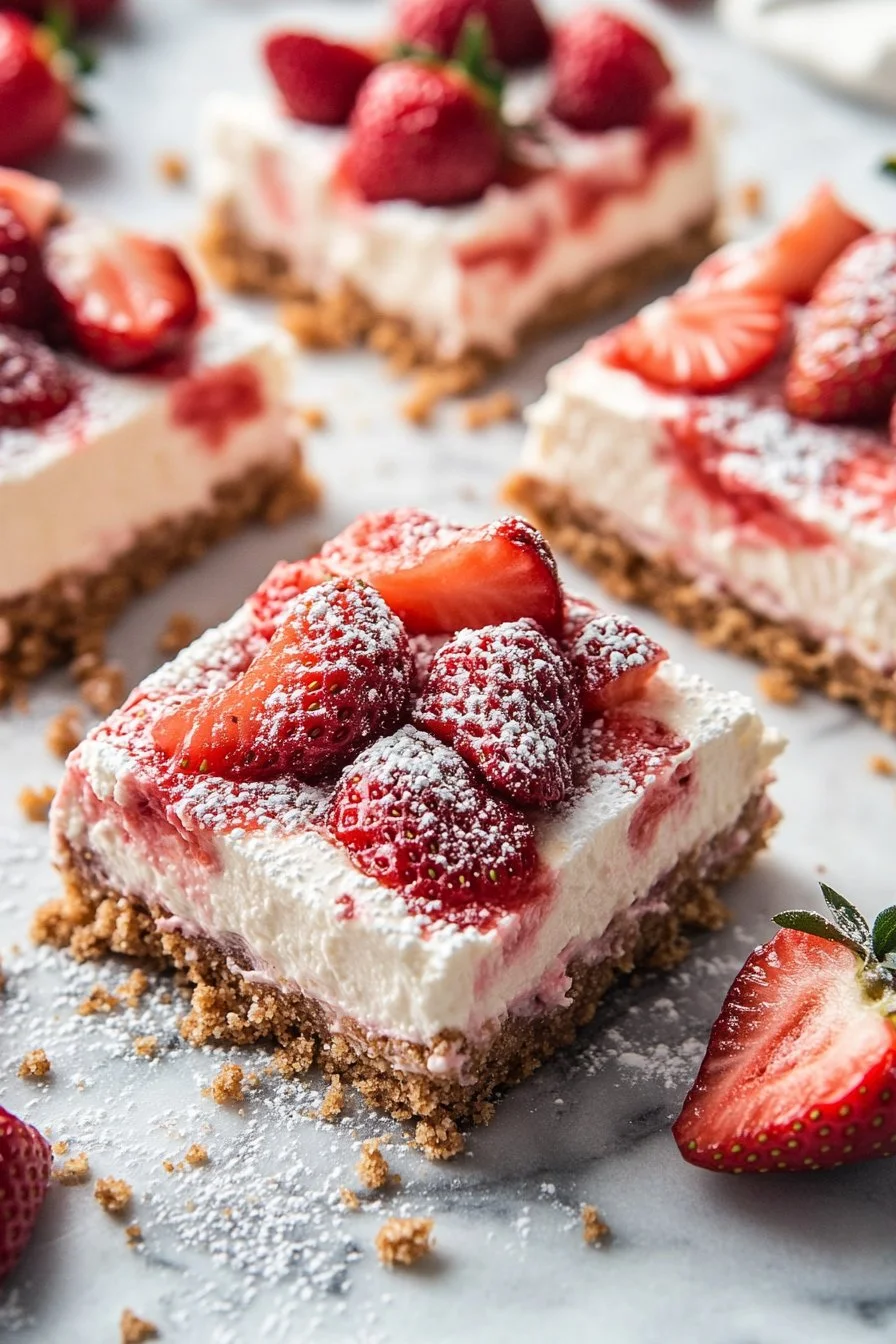 Delicious no bake strawberry cheesecake bars on a plate